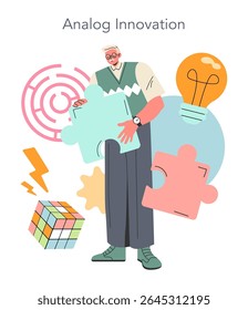 Conceito de inovação analógica. Homem sênior com peças de quebra-cabeça, lâmpada e engrenagens, simbolizando o pensamento criativo em métodos tradicionais. Ilustração vetorial.