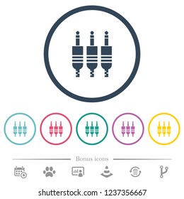 Analog jack connectors flat color icons in round outlines. 6 bonus icons included.