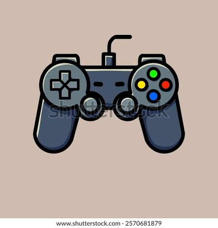 analog joystick vector design illustration, dark colored with four color buttons, wired joystick design.