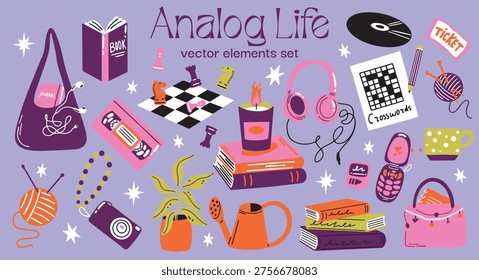 Analog Life trend vector sticker elements set of cute funky groovy cartoon illustration of offline hobbies, retro objects, digital detox lifestyle icons, books, vinyl, crosswords, chess, analog bag