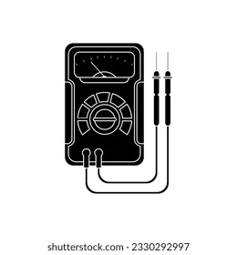 Analog multimeter in black fill icon, vector illustration in trendy design style. Electrical tool for measuring electric current, voltage, and resistance in an electrical component. 