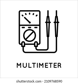 Analoges Multimeter-Zeilensymbol, Prüfgerät, Messgerät in einfachem Stil einzeln auf weißem Hintergrund. Messung von Strom, Widerstand, Spannung. Vektorzeichen auf einfache Art einzeln auf Weiß