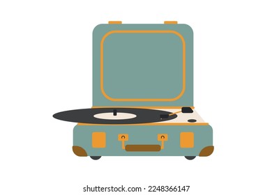 Analoger Musik-Player oder Drehtisch, der ein Lied oder eine Vinyl-Platte einzeln auf hellem Hintergrund abspielt. Innenausstattung oder ein altmodisches Audiogerät. Farbige dekorative Vektorgrafik in moderner Wohnung 