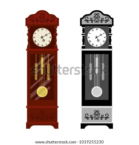 Analog old clock and grayscale version isolated on white background, vector illustration