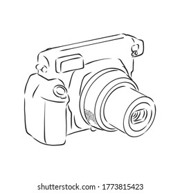 Analog photo camera sketch drawing isolated on white background. camera, vector sketch illustration