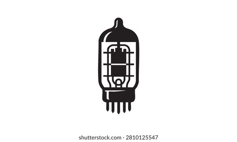Analog radio valve icon with internal electrodes and pins, classic glass tube amplifier part for high fidelity audio and electrical engineering.