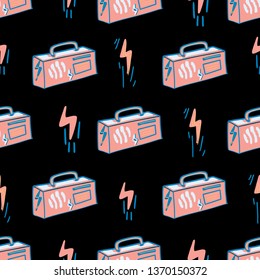 Analog recorder in vintage style, vector seamless pattern on black background.