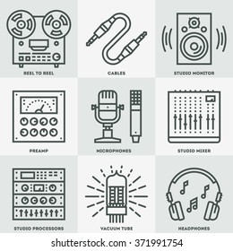 Analog Recording Vintage Music Studio. Line Design Icon Set. Vector Illustrations.