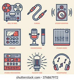 Analog Recording Vintage Music Studio. Line Design Vintage Icon Set. Vector Illustrations.