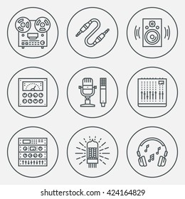 Analog Recording Vintage Music Studio. Line Design Circle Icon Set. Vector Illustrations.