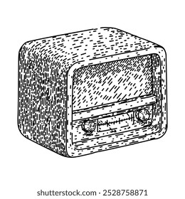 rádio retro analógico desenhado à mão. transmissão do sintonizador, discagem do transistor, receptor da antena esboço do vetor do rádio retro analógico. ilustração preta isolada