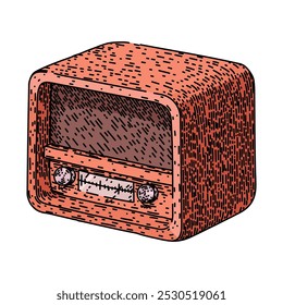 rádio retro analógico desenhado à mão. transmissão do sintonizador, discagem do transistor, receptor de antena esboço de vetor de rádio retro analógico.