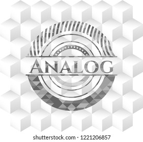 Analog retro style grey emblem with geometric cube white background