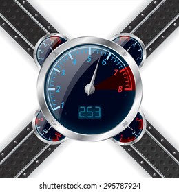 Analog rev counter with digital speedometer and abstract technology background