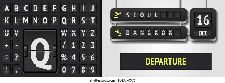 Analog scoreboard alphabet and vector airport departure board with destination in Seoul and Bangkok. Realistic 3D flip airline board template with date of flight or train.