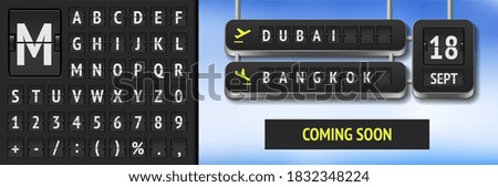 Analog scoreboard font on dark background. Vector airline departure board with destination in Dubai and Bangkok. Realistic flip airport and train board template