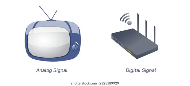 Analog signal and digital signal. Difference between analog and digital signal vector illustration. Carrying data from one system to another. A function that conveys information about a phenomenon.