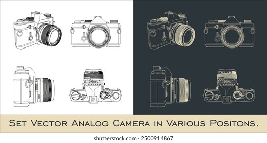 analog slr camera line drawing of old retro with telephoto lens. classic Vintage photography equipment blueprint wireframe from all view top corner side back isolated in transparent background