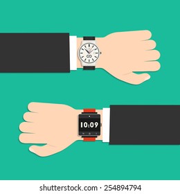 Analog and smart watch on businessman's hand flat style icons for your design