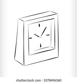 Analog square clock on the side. Subject of interior. Sketch in vector