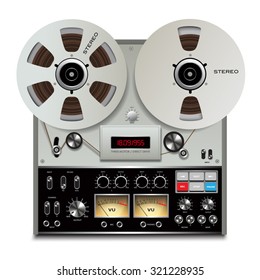 Analog stereo open reel tape deck recorder. Vector illustration