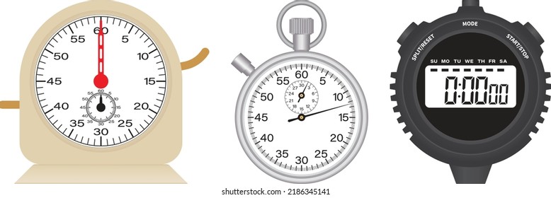 Analog stopwatch. Digital stopwatch. Laboratory stopclock. Vector illustration