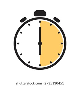 Analog stopwatch icon featuring a bold black outline and a yellow shaded semi-circle indicating a thirty minute or thirty second countdown interval