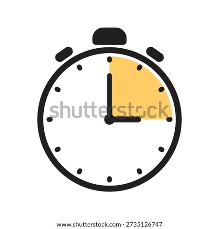 Analog stopwatch icon featuring a bold black outline and a yellow shaded quarter-circle representing a fifteen minute or fifteen second countdown interval