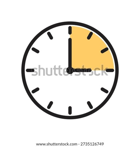Analog stopwatch icon featuring a bold black outline and a yellow shaded quarter-circle representing a fifteen minute or fifteen second countdown interval
