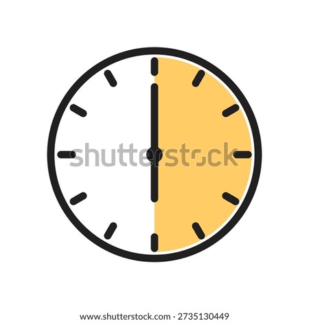 Analog stopwatch icon featuring a bold black outline and a yellow shaded semi-circle indicating a thirty minute or thirty second countdown interval