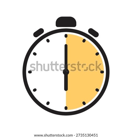Analog stopwatch icon featuring a bold black outline and a yellow shaded semi-circle indicating a thirty minute or thirty second countdown interval