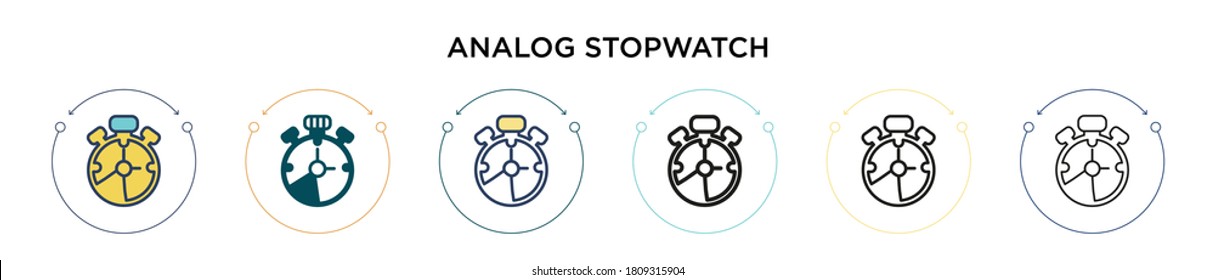 Analog stopwatch icon in filled, thin line, outline and stroke style. Vector illustration of two colored and black analog stopwatch vector icons designs can be used for mobile, ui, web