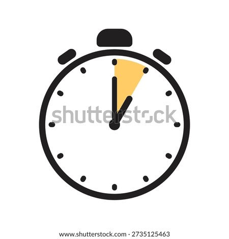 Analog stopwatch vector icon with a black outline and a yellow pie-chart section indicating a five minute countdown interval on a white background