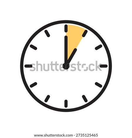 Analog stopwatch vector icon with a black outline and a yellow pie-chart section indicating a five minute countdown interval on a white background