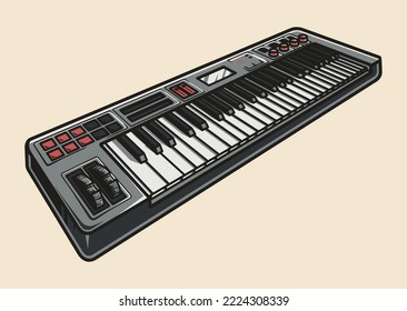 Elemento de color vintage sintetizador analógico para crear y realizar composiciones musicales en pista de conciertos o grabación en ilustración de vector de estudio