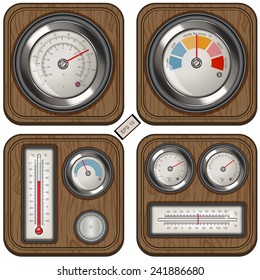 Analog temperature meter icons on wood background