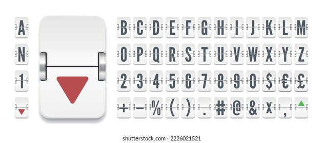 Analog Terminal-Anzeigetafel-Schriftart zur Anzeige von Finanzinformationen Vektorgrafik. Weißes, an Bord platpanntes, mechanisches Alpalphabet mit Zahlen und Symbolen für Flugziel- oder Börsenkurse