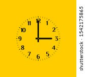 Analog vector clock face over yellow, with regular arabic numerals. Part of an analog clock, or watch. Round clock shows three o'clock