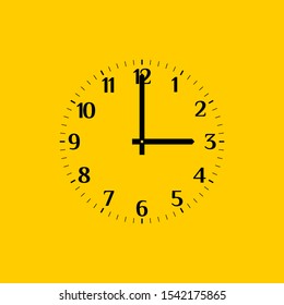 Analog vector clock face over yellow, with regular arabic numerals. Part of an analog clock, or watch. Round clock shows three o'clock