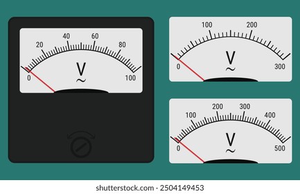 Analog voltmeter with customized scale markings and gauge faces. Vector illustration, flat style