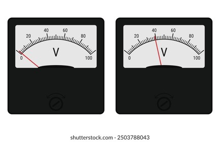 Analog voltmeter device for measuring voltage. Retro instrument. Vector illustration isolated on white background. Flat style