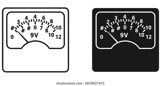 An analog voltmeter dial displays voltage with a needle indicating a low reading. This graphic represents measurement and electrical diagnostics for technical applications.