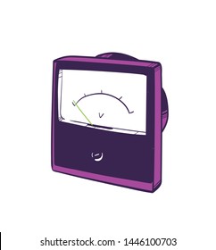 Analog voltmeter hand drawn on white background. Instrument used for measuring electrical potential difference. Equipment of physics laboratory for scientific research. Realistic vector illustration.