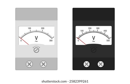 Analog voltmeter set. Flat style vector illustration isolated on white