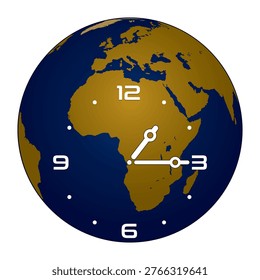 Analog Wall Clock on Europe and Africa Continent Globe Background shows 1.15. Vector illustration isolated, eps