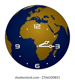 Analog Wall Clock on Europe and Africa Continent Globe Background shows 2.15. Vector illustration isolated, eps