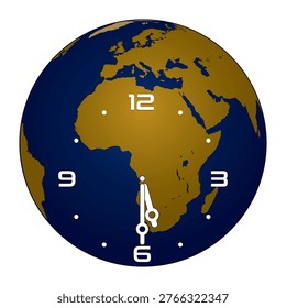 Analog Wall Clock on Europe and Africa Continent Globe Background shows 5.30. Vector illustration isolated, eps