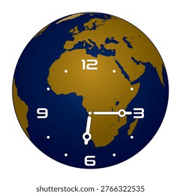 Analog Wall Clock on Europe and Africa Continent Globe Background shows 6.15. Vector illustration isolated, eps