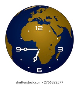 Analog Wall Clock on Europe and Africa Continent Globe Background shows 6.45. Vector illustration isolated, eps