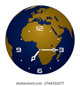 Analog Wall Clock on Europe and Africa Continent Globe Background shows 7.15. Vector illustration isolated, eps